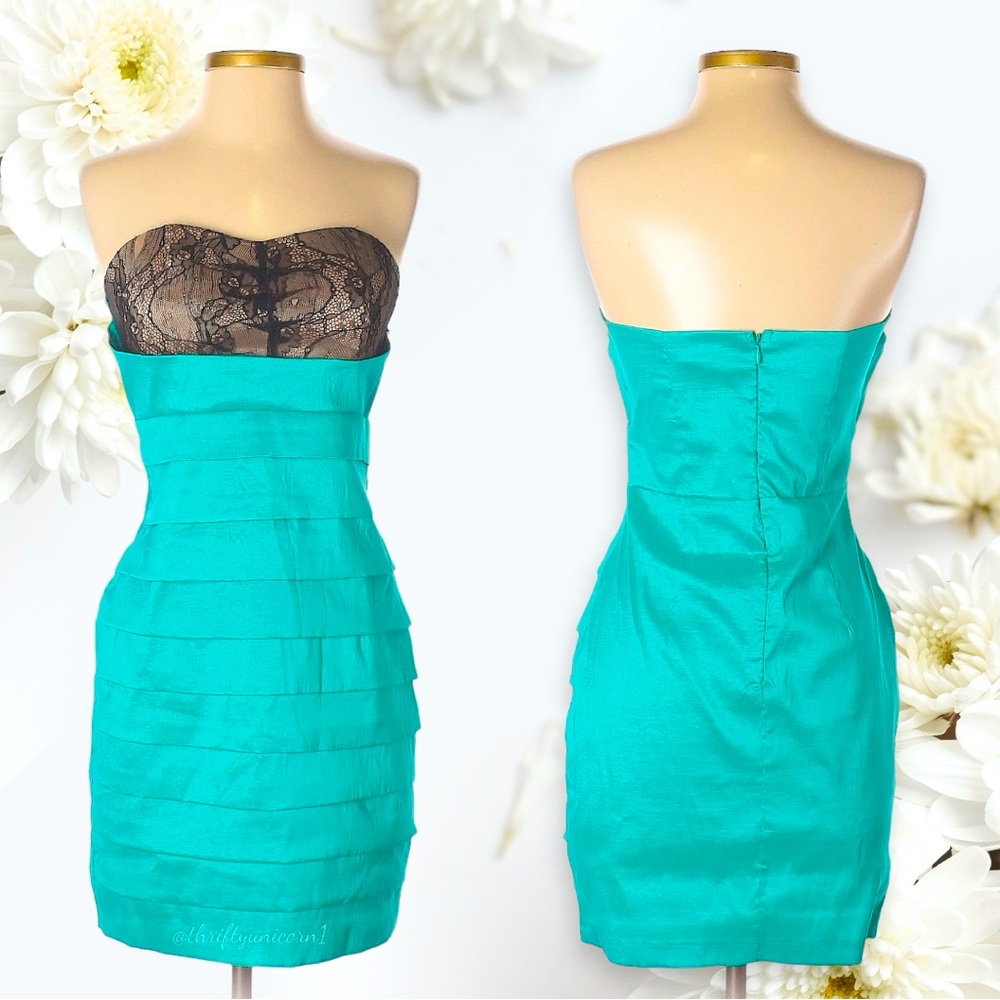 Romeo & Juliet Couture Vintage Strapless Black and Teal Lace Dress Size Large